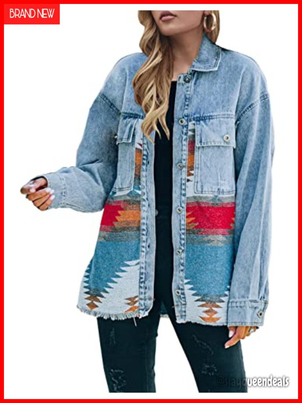 Lumister Women's Aztec Denim Jacket Distressed Vintage Button Down Shacket